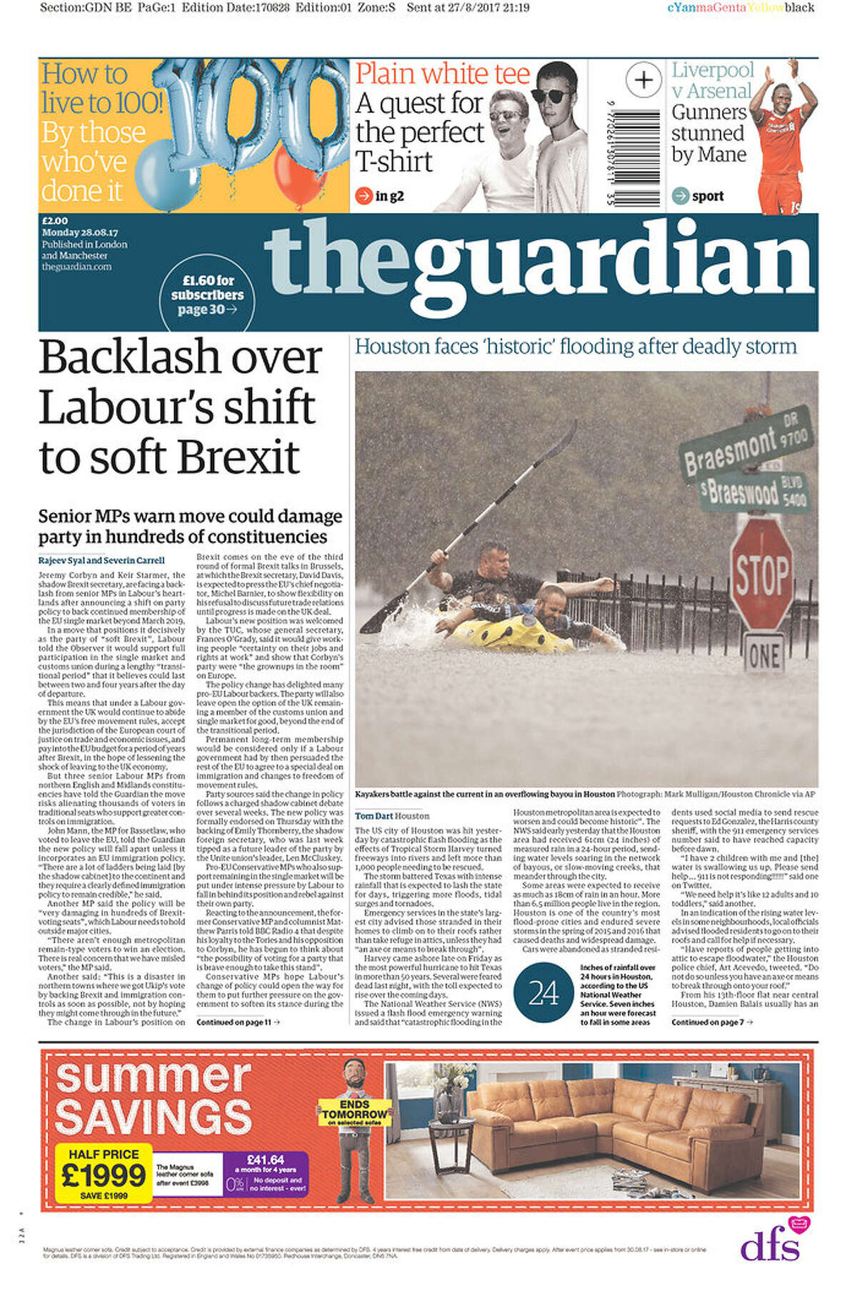 The Guardian: London, UK Front pages from Texas and beyond for Monday, Aug. 28, 2017, show how newspapers covered the catastrophic floods in Houston due to Tropical Storm Harvey.