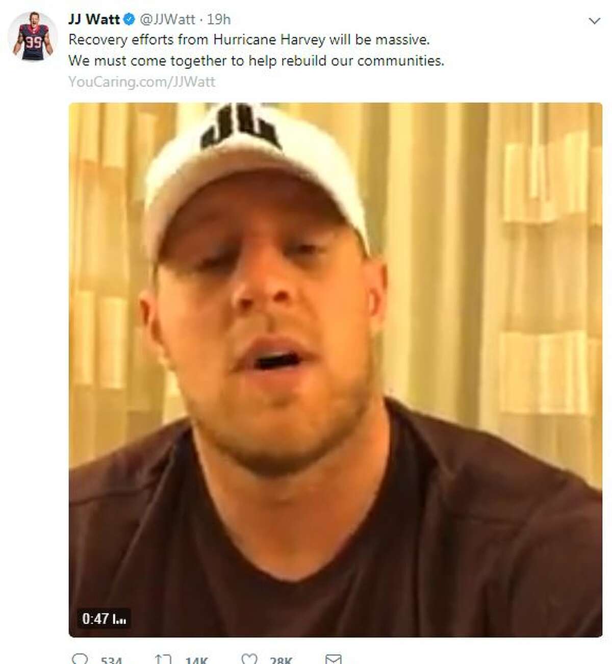 @JJWatt: Recovery efforts from Hurricane Harvey will be massive. We must come together to help rebuild our communities. http://YouCaring.com/JJWatt