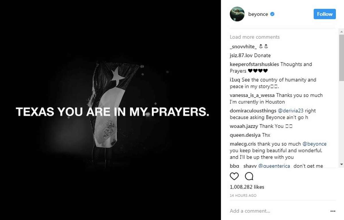 Celebrities have been showing their support for Texans affected by Tropical Storm Harvey on social media, including giving tips on where to donate. Click through the slideshow to see how A-listers and athletes are reacting to the news. Beyonce shared an Instagram photo with the words: "Texas you are in my prayers."