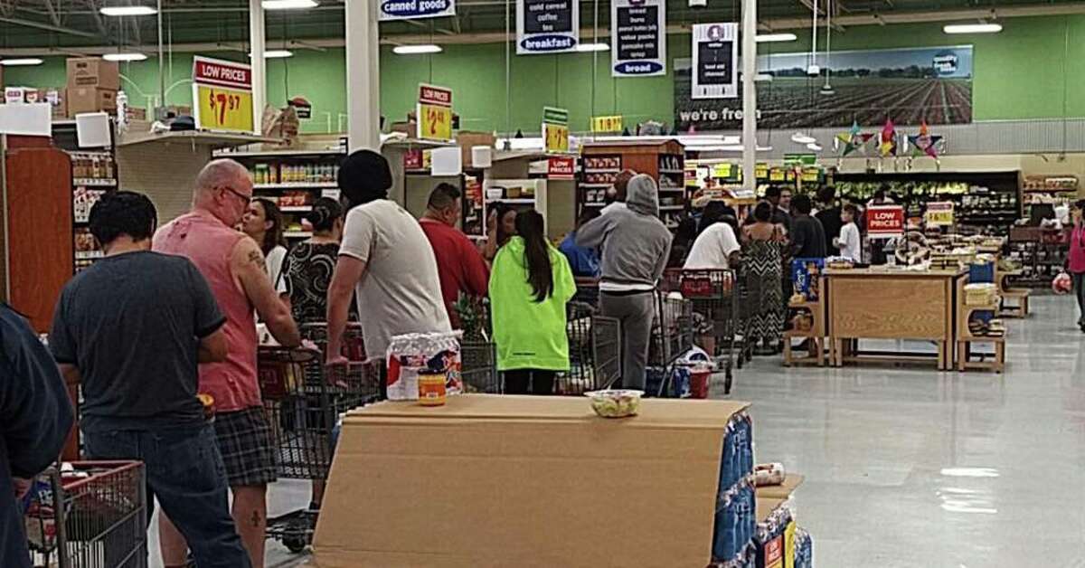 The H-E-B store located at Kempwood and Gessner was open Sunday, Aug. 27, 2017 after Tropical Storm Harvey flooded most of the city of Houston earlier in the day. Anne Rousseau Moran posted this photo her husband, Manuel Moran took, to a neighborhood Facebook group saying: "Seriously, y'all! A HUGE shout out to our KempwoodH-E-B staff! My husband just returned and said the parking lot was full, there were no carts, and all but three lanes were open!