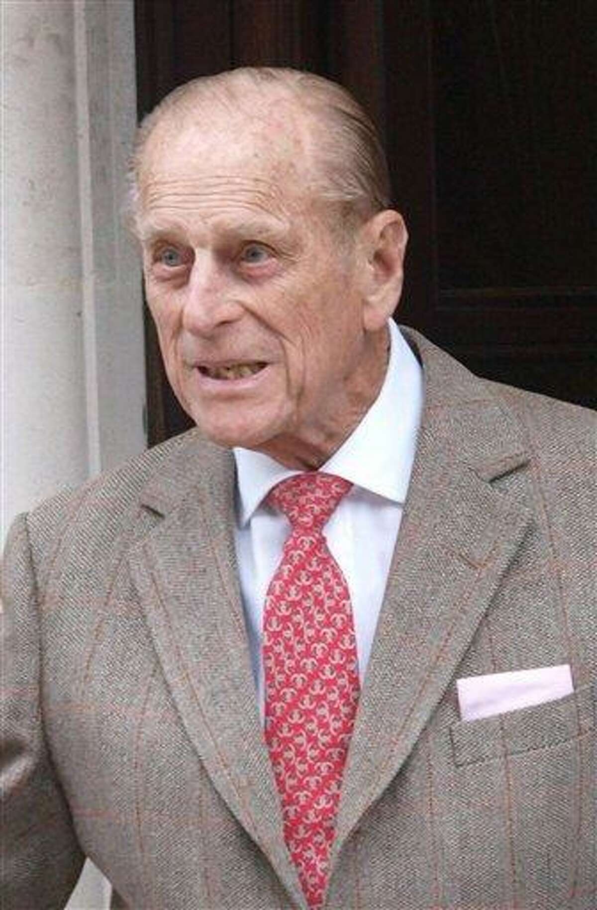 Prince Philip, Duke of Edinburgh, leaves King Edward VII Hospital in central London Saturday after being treated for a bladder infection. The duke will celebrate his 91st birthday Sunday privately with members of the family. On Friday he enjoyed the company of grandsons the Duke of Cambridge and Prince Harry who paid a short, private visit to the hospital. Associated Press