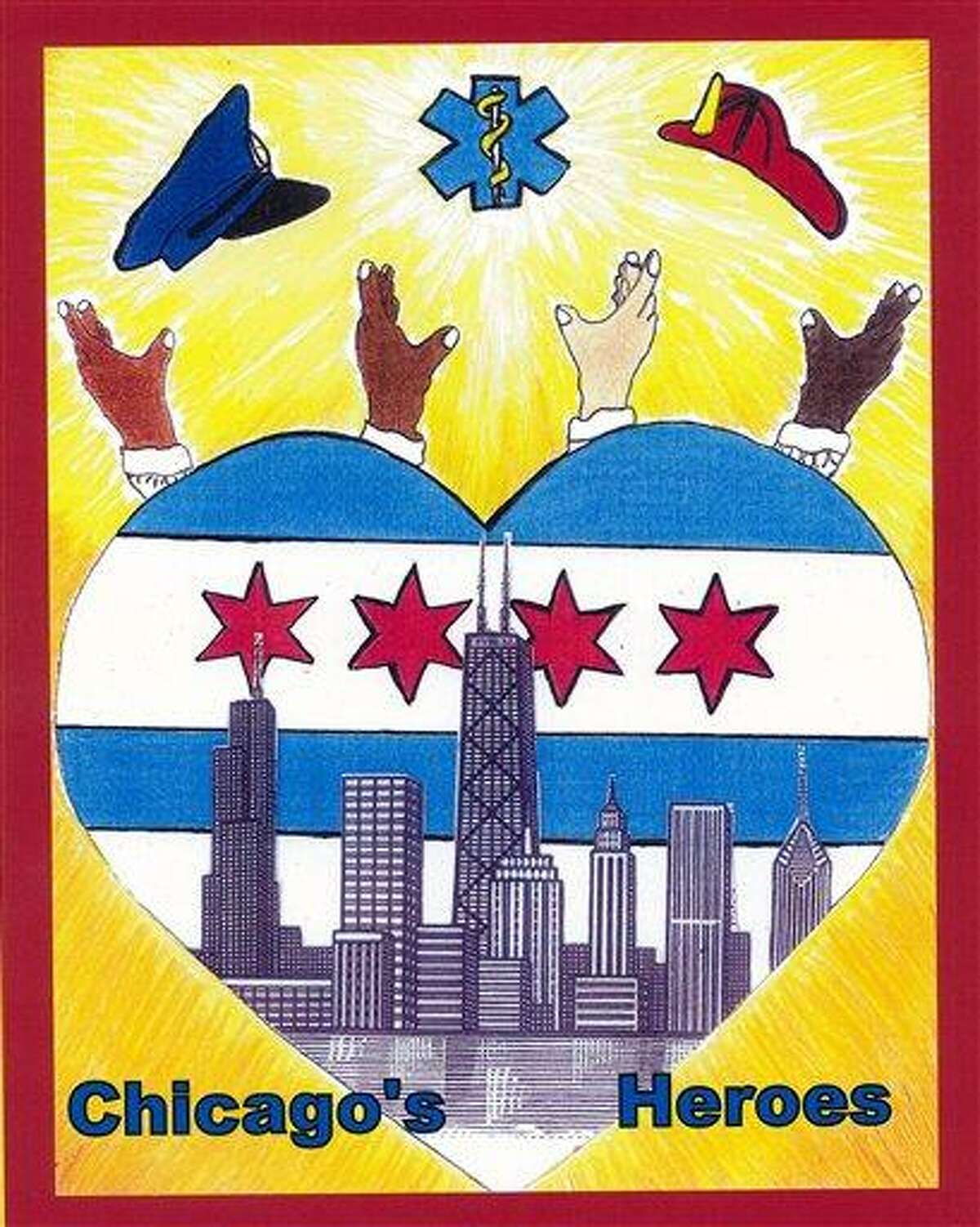 This photo taken Nov. 28, 2011 shows the winning design for the 2012-13 city of Chicago vehicle sticker that was axed Wednesday by Chicago City Clerk Susana Mendoza contending some may believe it depicts street gang signs. At the time his design was chosen winner of the city vehicle sticker student-art contest, 15-year-old Herbert Pulgar, said it was meant to honor city firefighters, paramedics and police. It includes the city's skyline inside a heart, with hands pointing toward a police hat, firefighter helmet and paramedic symbol. Officials sat the clerk's office began receiving calls Tuesday, after a blogger identified the hands depicted on the sticker as symbols flashed by members of a street gang. Associated Press