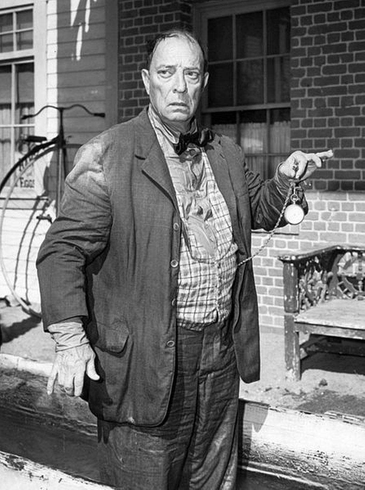 Photo of Buster Keaton from the television program The Twilight Zone. In this episode, "Once Upon a Time", Keaton played a man who was able to travel back and forth in time with a magical helmet. Keaton performed some of his scenes for the episode as a silent performer, as in his old film days. (1961)