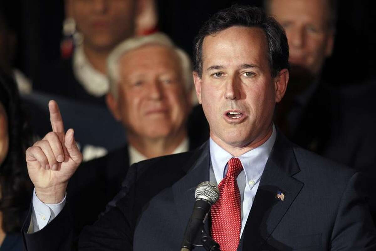 Republican presidential candidate former Pennsylvania Sen. Rick Santorum speaks during a primary night watch party Tuesday in St. Charles, Mo. Associated Press
