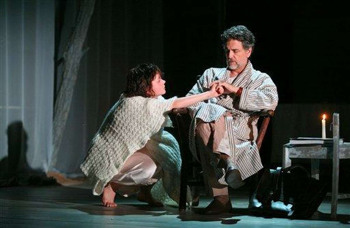 In this theater publicity image released by Boneau/Bryan-Brown, Carey Mulligan, left, and Chris Sarandon are shown in a scene from "Through a Glass Darkly." (AP Photo/Boneau/Bryan-Brown, Ari Mintz)
