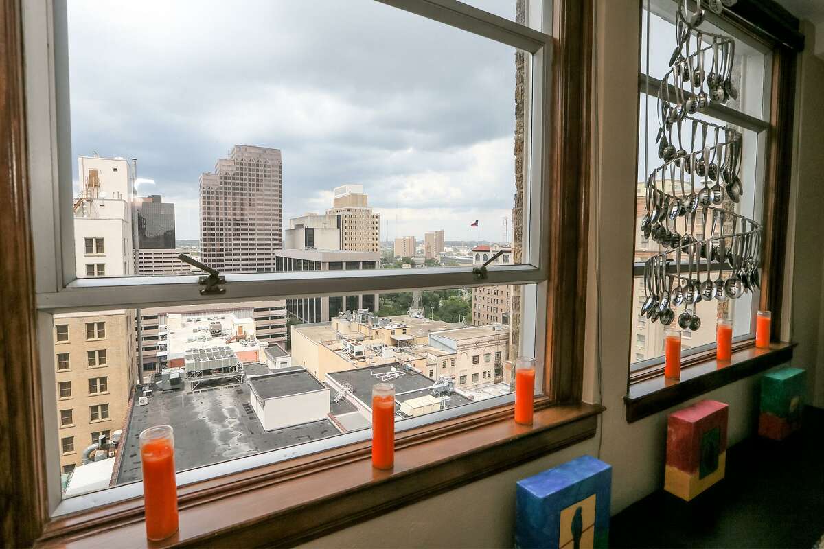 The living room features an outstanding view of downtown San Antonio.