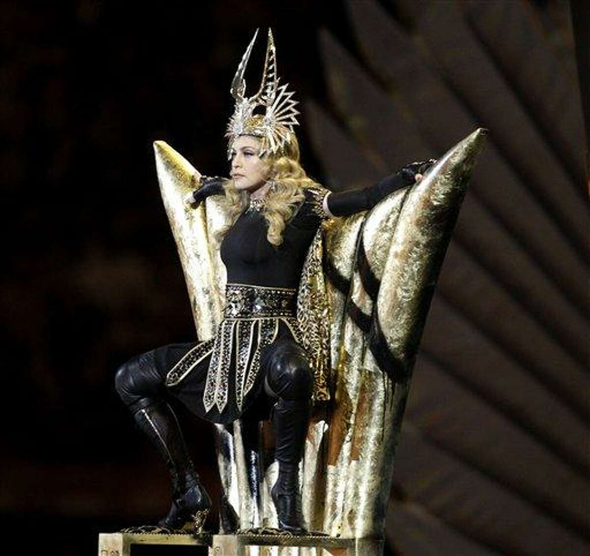 Madonna performs during halftime of the NFL Super Bowl XLVI football game between the New York Giants and the New England Patriots, Sunday, Feb. 5, 2012, in Indianapolis. (AP Photo/Matt Slocum)