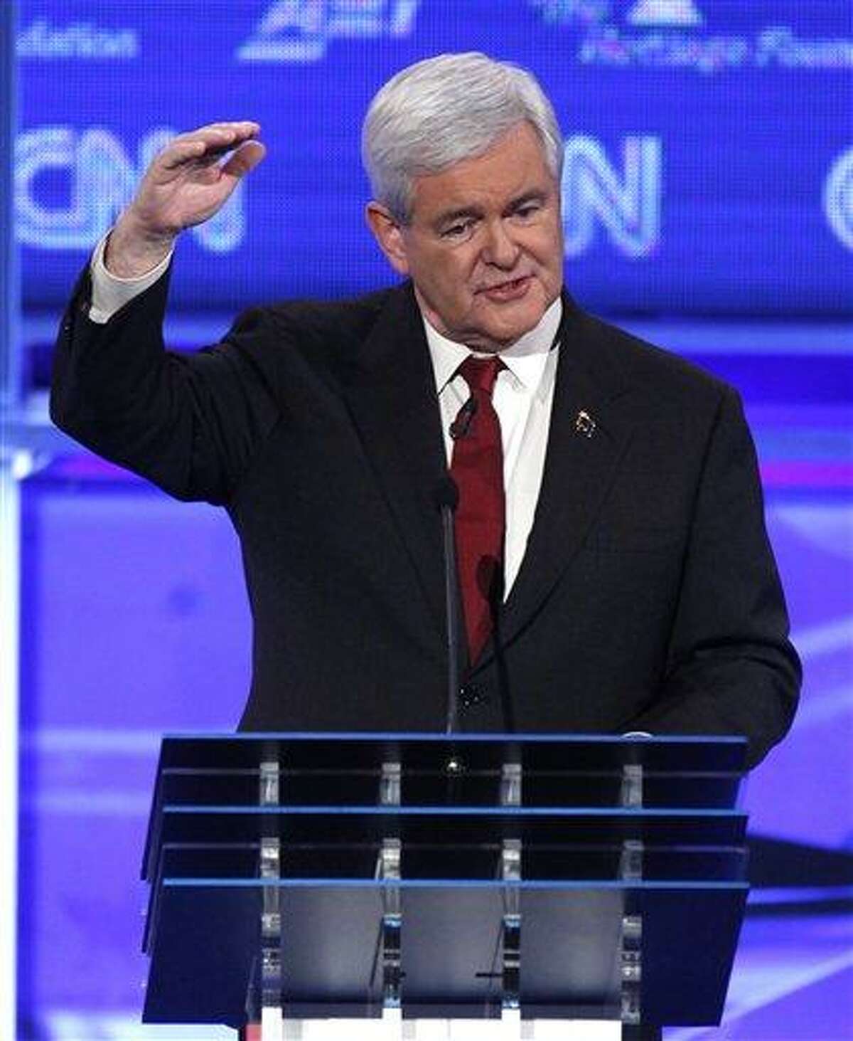 Republican presidential candidate former House Speaker Newt Gingrich speaks at a Republican presidential debate in Washington, Tuesday, Nov. 22, 2011. (AP Photo/Evan Vucci)
