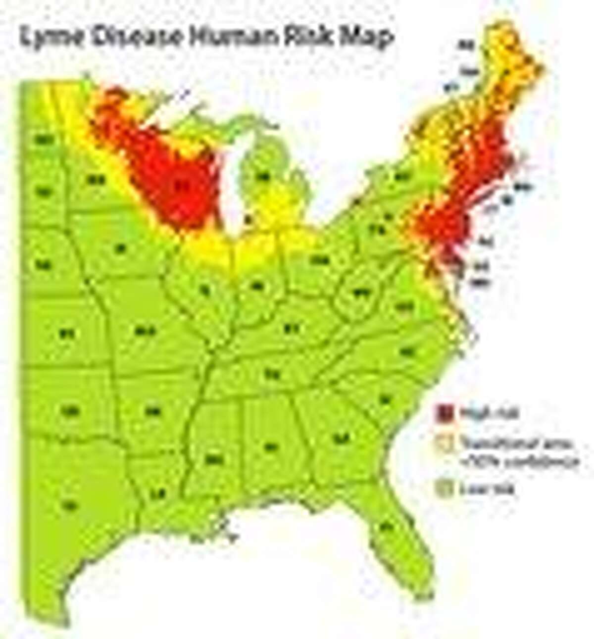 This map, released by the Yale School of Public Health on Friday, shows a map which indicates areas of the eastern United States where people have the highest risk of contracting Lyme disease, based on data from 2004-2007. Researchers dragged sheets of fabric through the woods to snag ticks for the survey. The map shows a clear risk across much of the Northeast, from Maine to northern Virginia. Researchers at Yale University also identified a high-risk region across most of Wisconsin, northern Minnesota and a sliver of northern Illinois. Areas highlighted as "emerging risk" regions include the Illinois-Indiana border, the New York-Vermont border, southwestern Michigan and eastern North Dakota. Associated Press