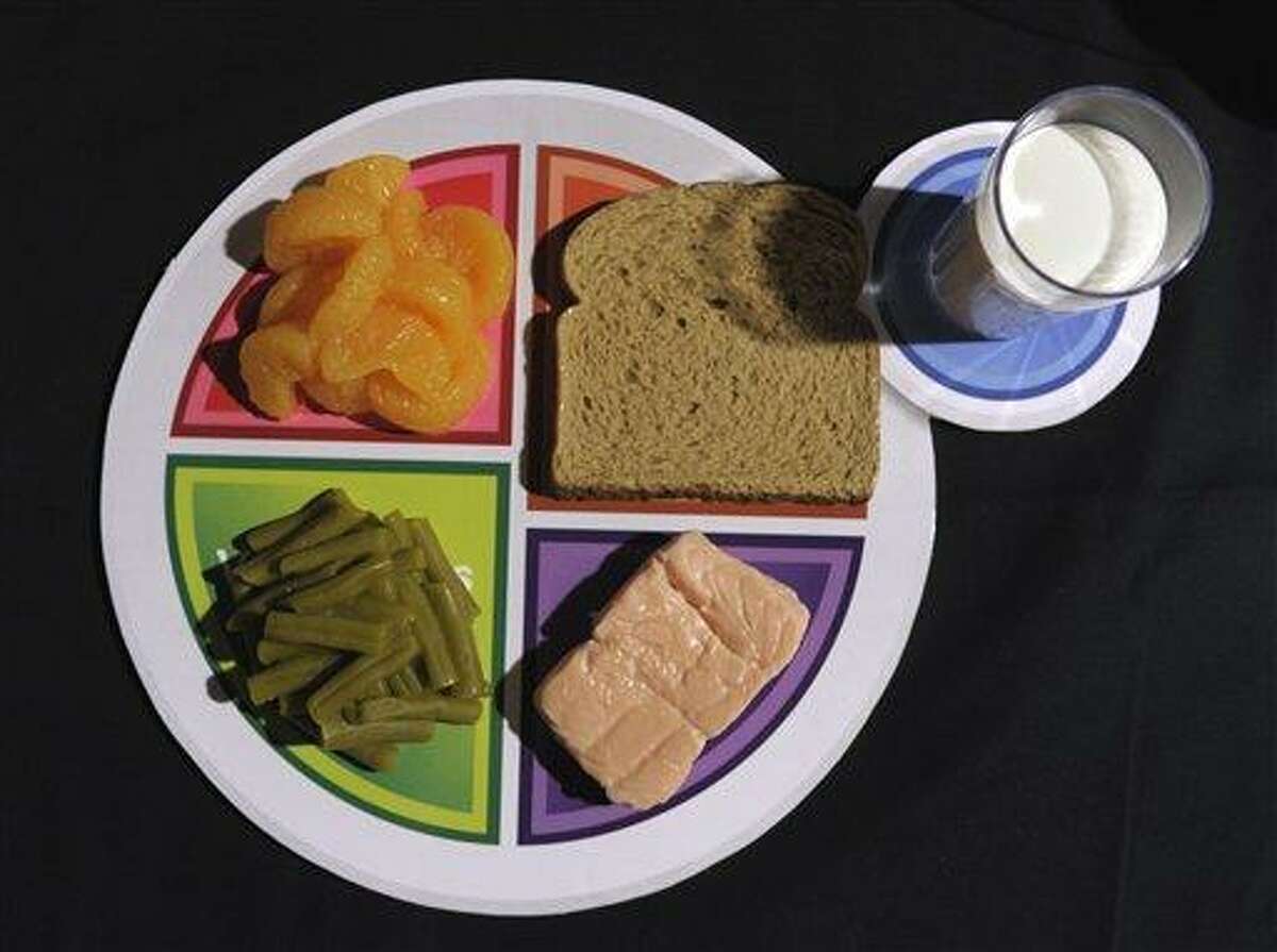 A sample plate of the new food icon My Plate, is unveiled at the Agriculture Department in Washington on Thursday. The new food icon replaced the food pyramid icon. (AP Photo/Susan Walsh)