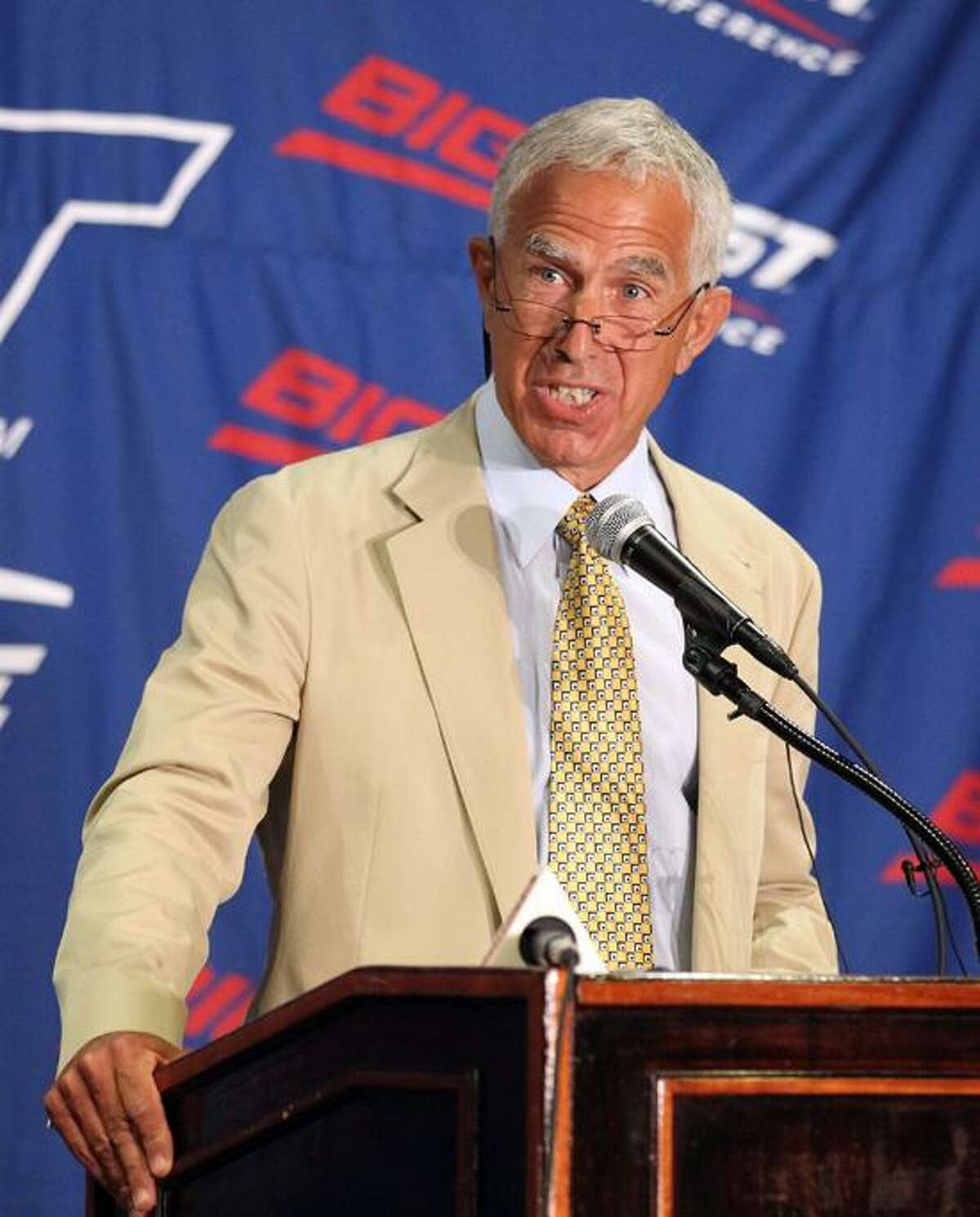 In a 2011 file photo, UConn football coach Paul Pasqualoni speaks to the media during the Big East football media day in Newport, R.I. Associated Press
