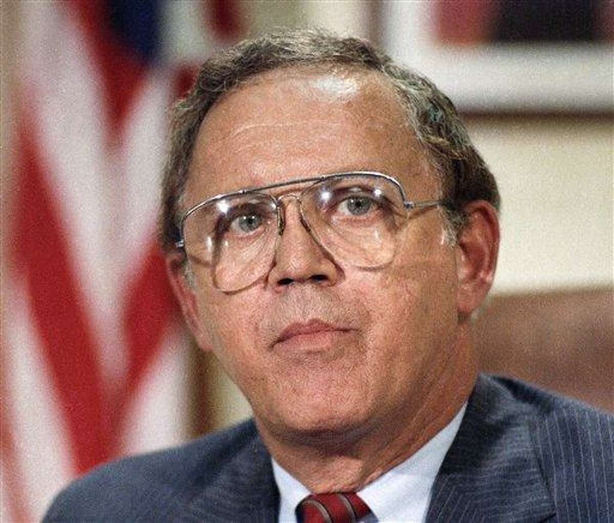 FILE - This Dec. 16, 1986 file photo shows Sen. Warren Rudman, R-N.H. on Capitol Hill in Washington. Rudman, who co-authored a ground-breaking budget balancing law, championed ethics and led a commission that predicted the danger of homeland terrorist attacks before 9/11, has died. He was 82. (AP Photo/Ron Edmonds, File)