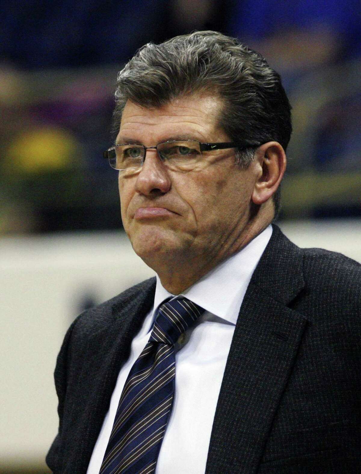 February 21, 2012; Pittsburgh,PA, USA: Connecticut Huskies head coach Geno Auriemma reacts on the sidelines against the Pittsburgh Panthers during the second half at the Petersen Events Center. UConn won 86-37. Mandatory Credit: Charles LeClaire-USPRESSWIRE