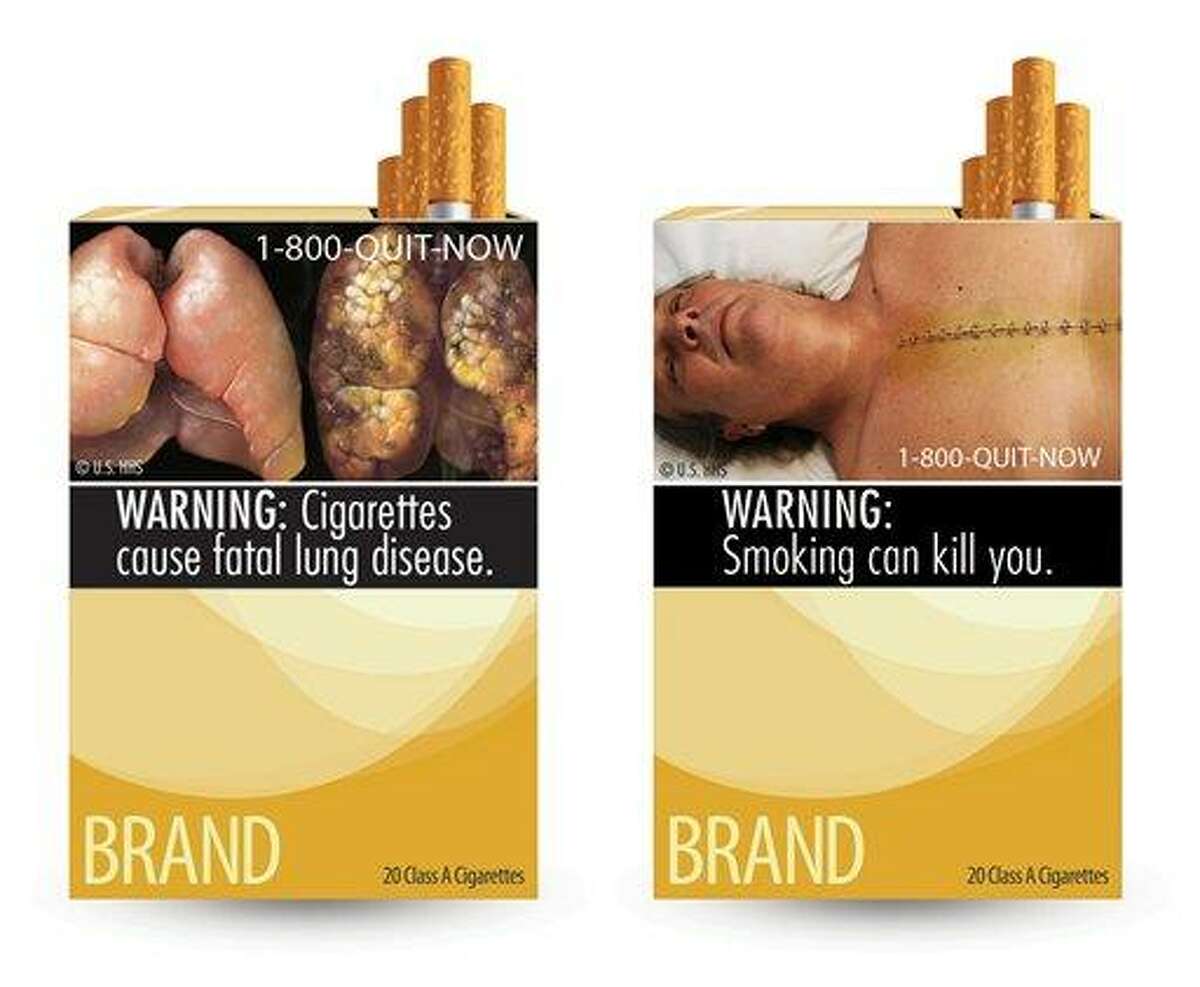 This combination photo made from file images provided by the U.S. Food and Drug Administration shows two of nine cigarette warning labels from the FDA. A judge on Feb. 29 blocked the federal requirement that would have begun forcing U.S. tobacco companies to put large, graphic, warning images on their cigarette packs later this year. Associated Press