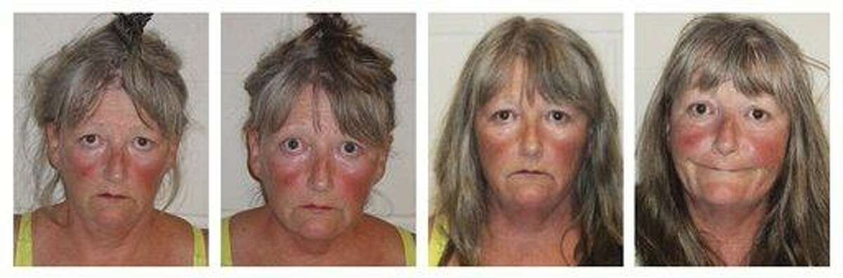 This series of booking photos, released by the Epping, N.H., Police Department, shows Joyce Coffey, arrested four times in 26 hours Tuesday and Wednesdsay, Aug. 29 and 30, 2012, for throwing a frying pan and blasting loud music from her Epping, N.H., home. (AP Photo/Epping Police Department)