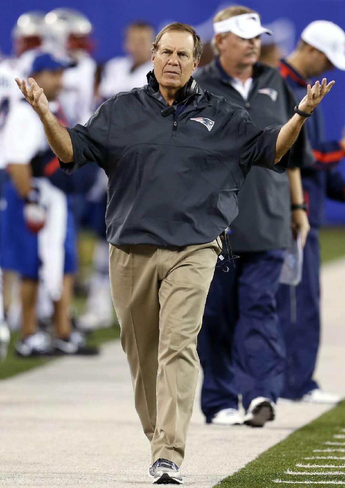 ASSOCIATED PRESS New England Patriots head coach Bill Belichick reacts to a call during the first half of a preseason game against the New York Giants on Wednesday night in East Rutherford, N.J.
