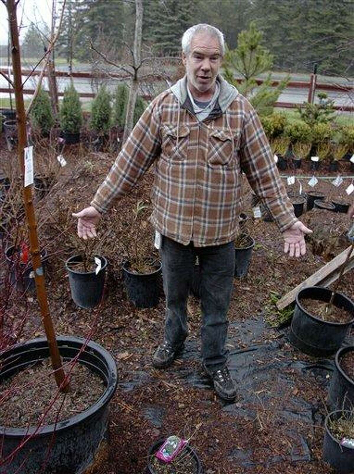 In this April 28, 2011 photo, landscaper Allen Olsen stands in his nursery in Libby, Mont., where he has used bark and wood chip potentially contaminated with lethal asbestos. More than 15,000 tons of the material have been sold, used in and trucked out of the remote Montana town of 3,000 people over the last decade, with unknown risks to public health. (AP Photo/Matthew Brown)