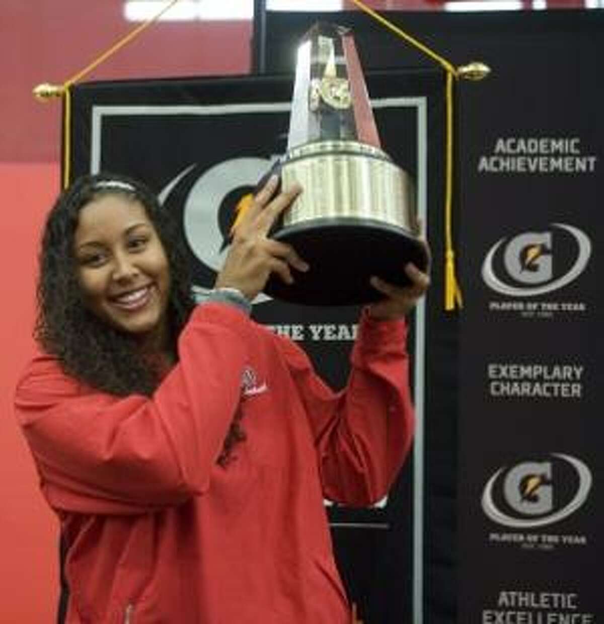 AP Kaleena Mosqueda-Lewis, of Mater Dei High School, receives the 2010-11 Gatorade National Girls Basketball Player of the Year award in Santa Ana, Calif., Thursday. Mosqueda-Lewis is a highly-regarded UConn recruit.
