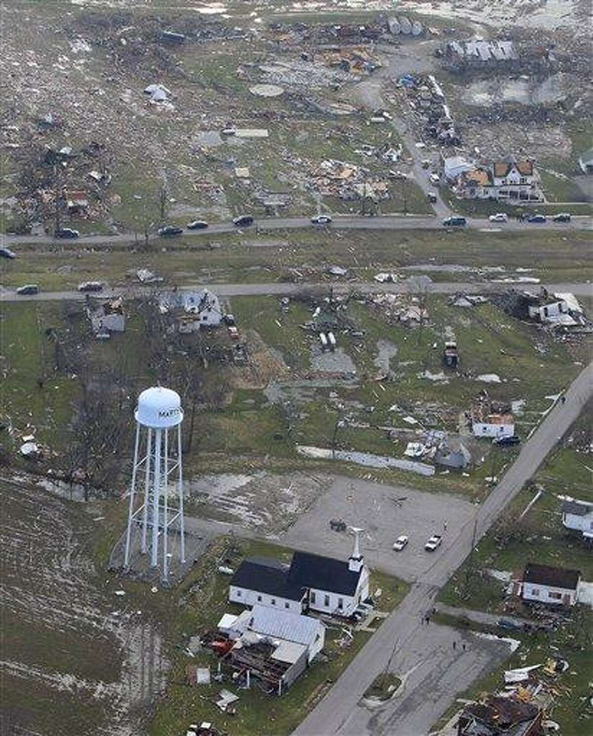 In this aerial photo, debris is strewn about, Saturday in Marysville, Indiana, after a tornado swept through the area Friday. Associated Press