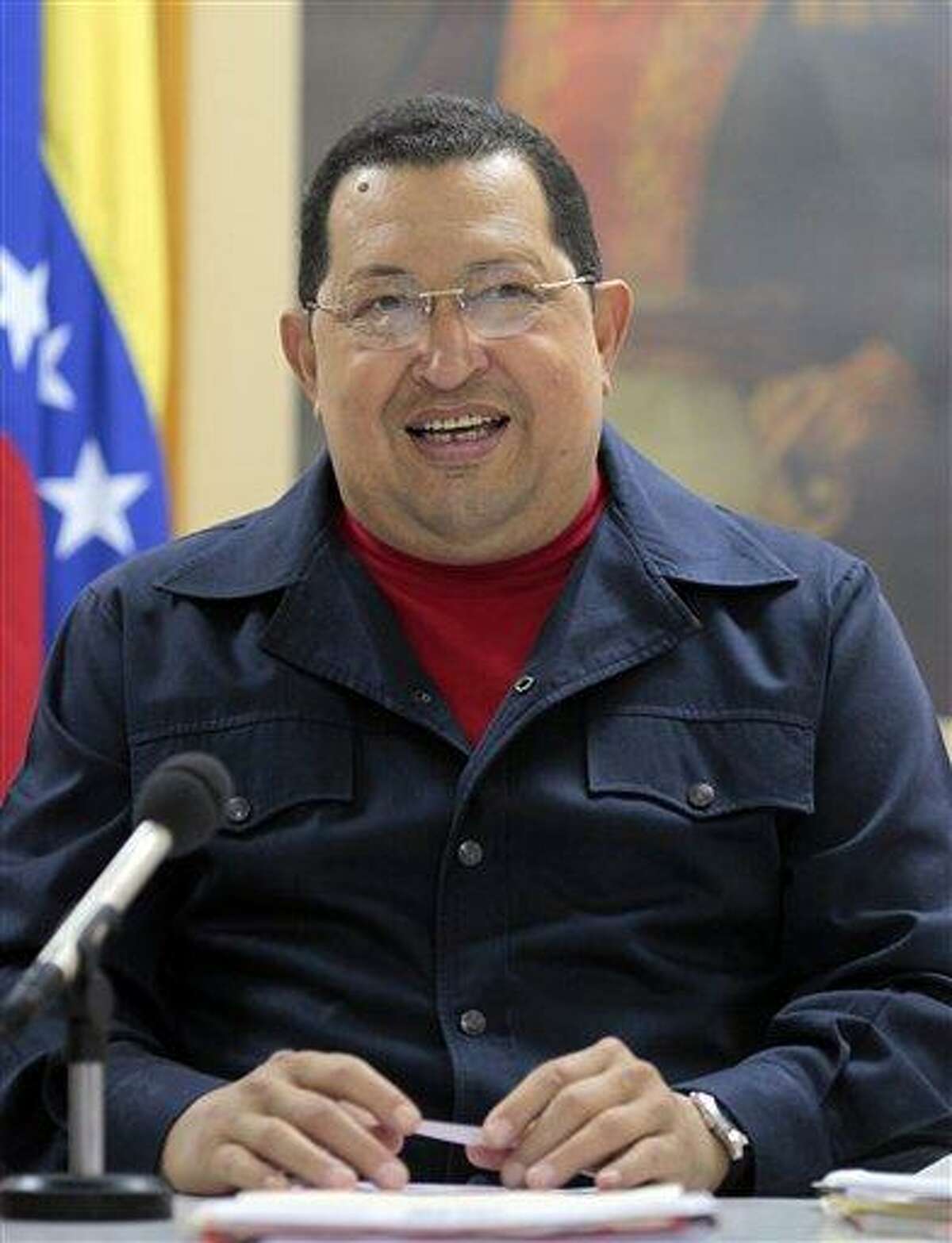 In this photo released by Miraflores Press Office Sunday, Venezuela's President Hugo Chavez speaks during a televised speech at an undisclosed location in Havana, Cuba, Saturday. Chavez appeared Sunday on television for the first time in nine days during which he underwent surgery in Cuba to remove a tumor. Chavez spoke firmly in footage recorded Saturday in Havana. Associated Press