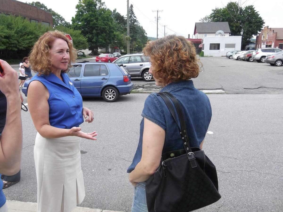 RICKY CAMPBELL/ Register Citizen Democratic candidate for the 5th District, Elizabeth Esty, stopped by the Torrington Armory to meet and thank voters for coming out to engage in their civic duty. Esty is one of three Democrats in the primary, which is expected to be very close.