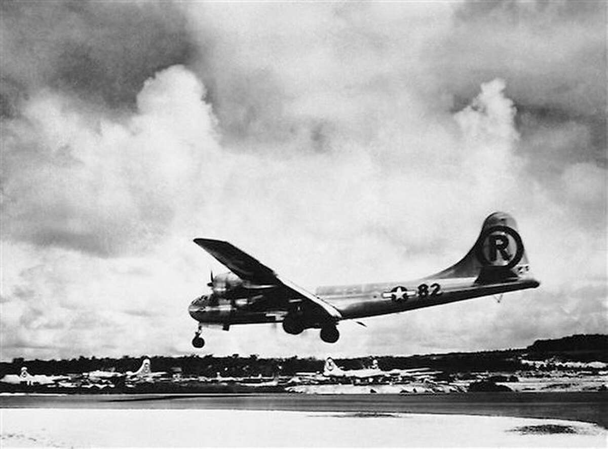 One of the U.S. Air Force's most famous war planes, the Boeing B29 Super fortress "Enola Gay" lands at its Tinian Base after the historic atomic bombing mission against the Japanese city of Hiroshima on August 6, 1945. Associated Press