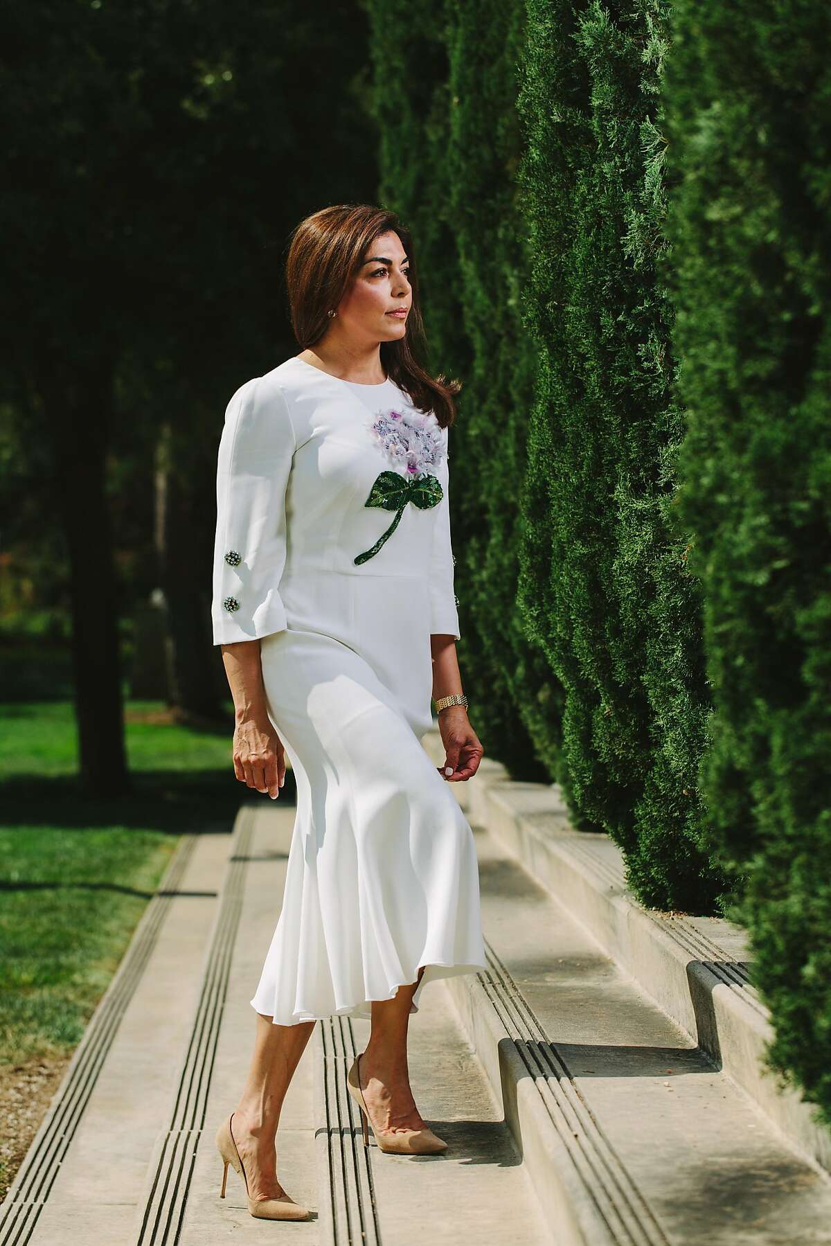 Sara Abbasi photographed in the Rodin Sculpture Garden at the Cantor Arts Center at Stanford University on August 22nd, 2017. Dress by Dolce & Gabbana.