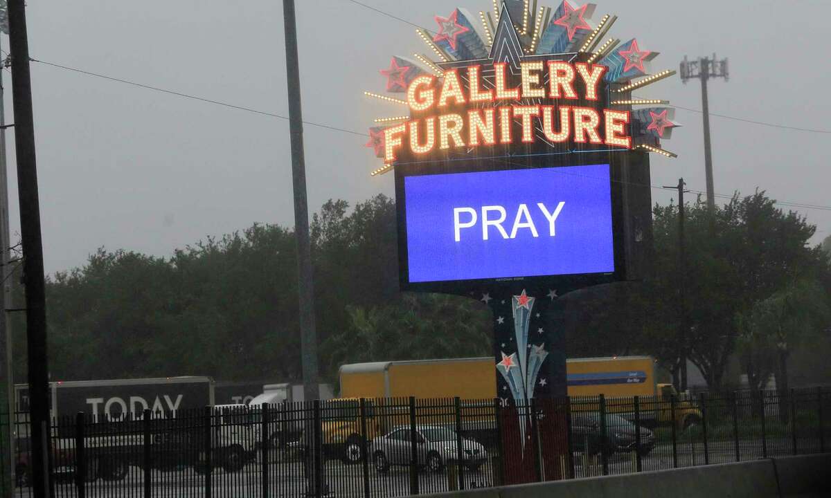 The marquis in front of the Gallery Furniture off of I-45, where the store took in some residents displaced Tropical Storm Harvey in Houston on Monday, Aug. 28, 2017.