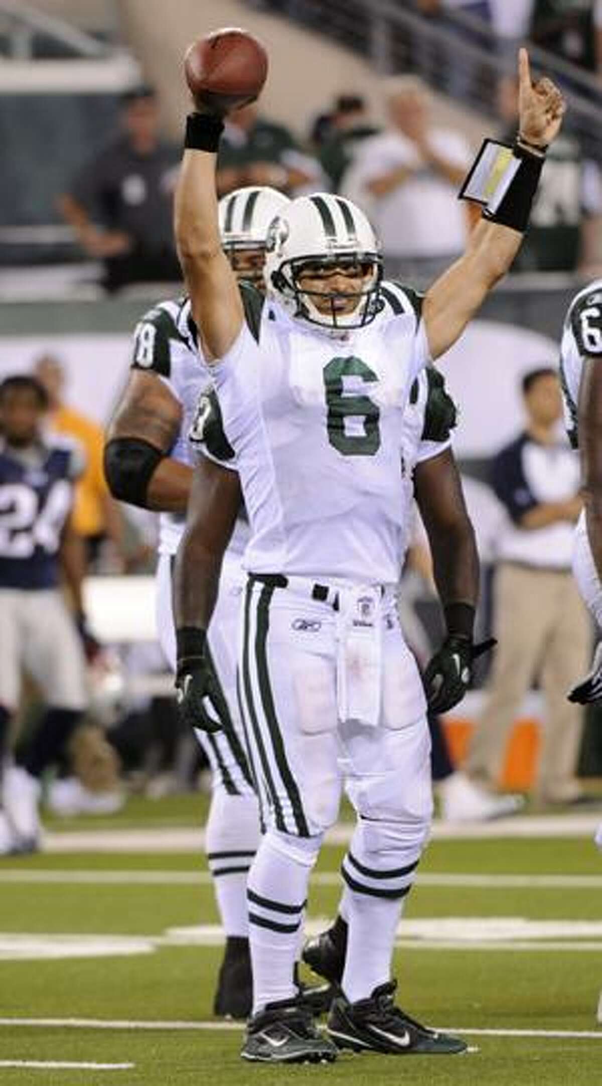 New York Jets quarterback Mark Sanchez (6) after throwing his