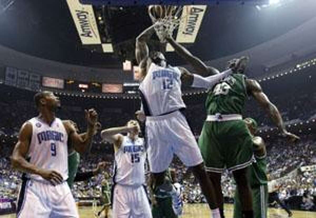 Boston Celtics forward center Kendrick Perkins (43) makes a move