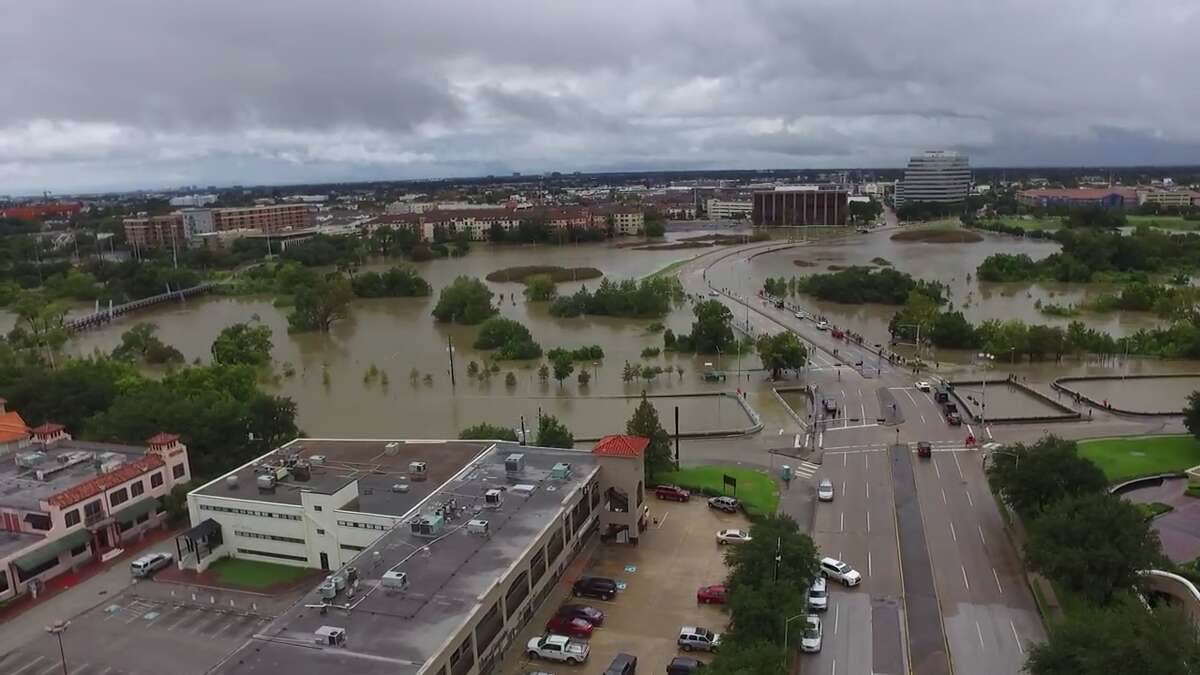 Drone footage from Kelsey Meyers shows flooding on Buffalo Bayou in Houston on Sunday, August 27, 2017.