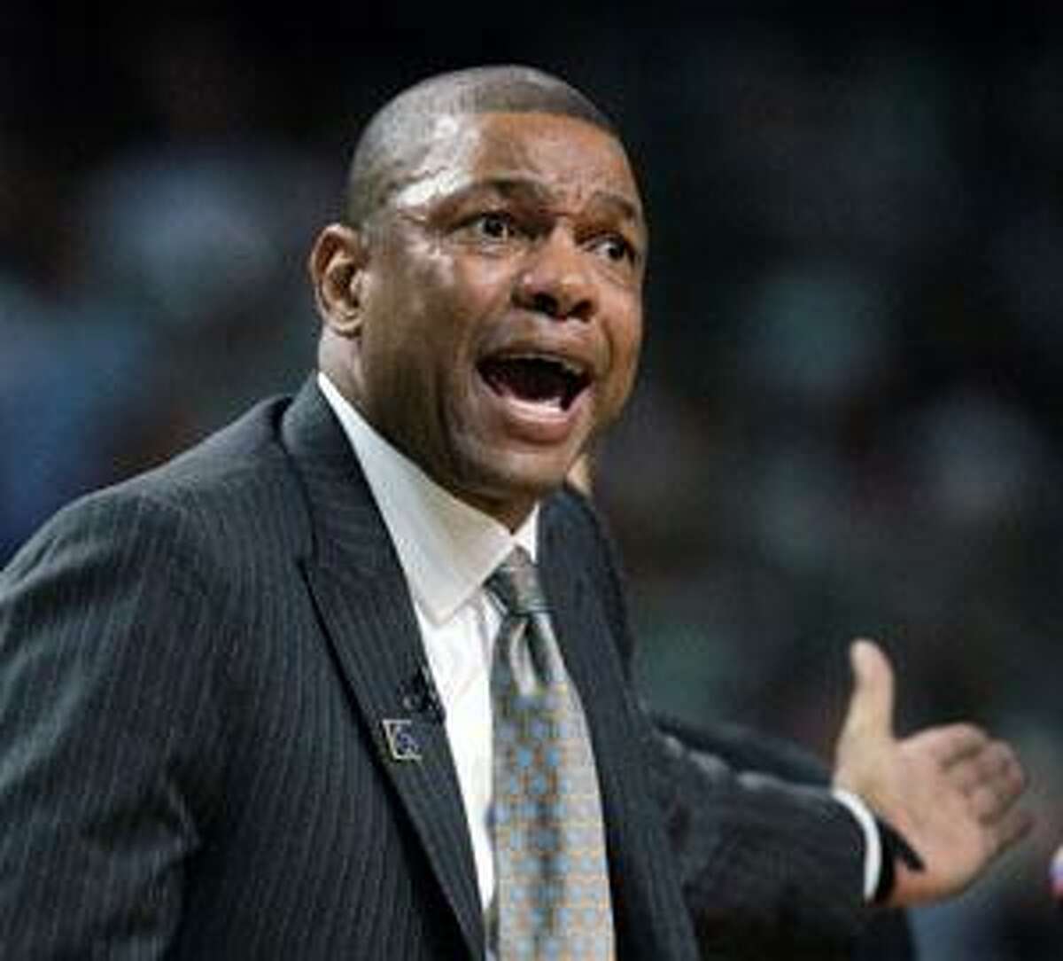 Boston Celtics head coach Doc Rivers argues a call during the fourth quarter of Game 7 of a first-round NBA playoff series against the Chicago Bulls in Boston, Saturday. The Celtics won 109-99.
