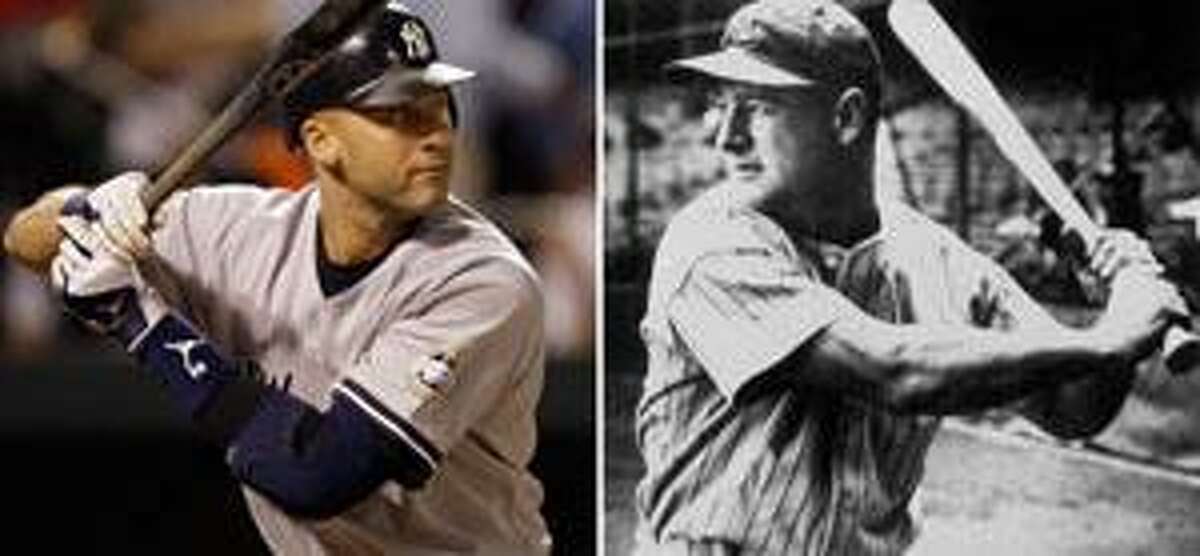 From left are an Aug. 31 file photo showing New York Yankees' Derek Jeter in Baltimore, and a 1935 season photo showing Yankees' Lou Gehrig. In the next week or so, Jeter should pass Gehrig for the most hits in team history. Showing his mettle at 35, Jeter needed only nine to top the Iron Horse's total of 2,721 going into Thursday night's game at Toronto.
