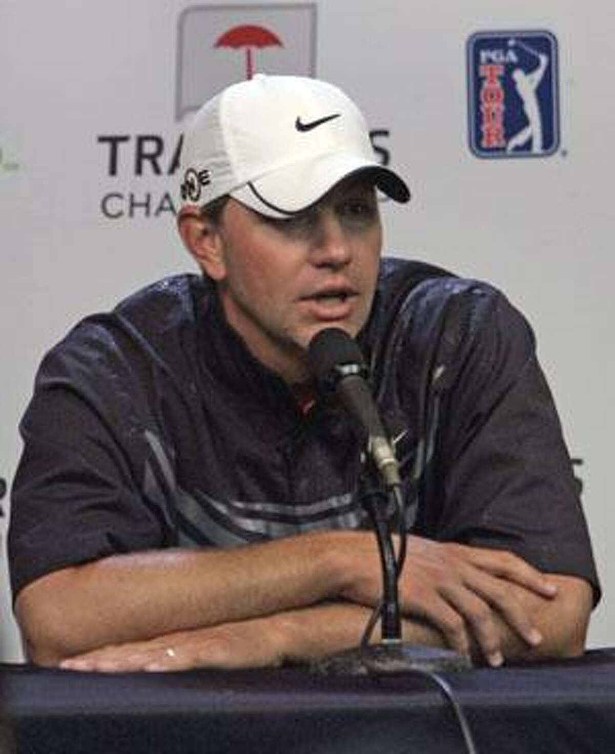 Lucas Glover, the 2009 U.S. Open champion, speaks to reporters during a news conference before the start of the pro-am event of the Travelers Championship golf tournament at the TPC at River Highlands golf course Wednesday in Cromwell.