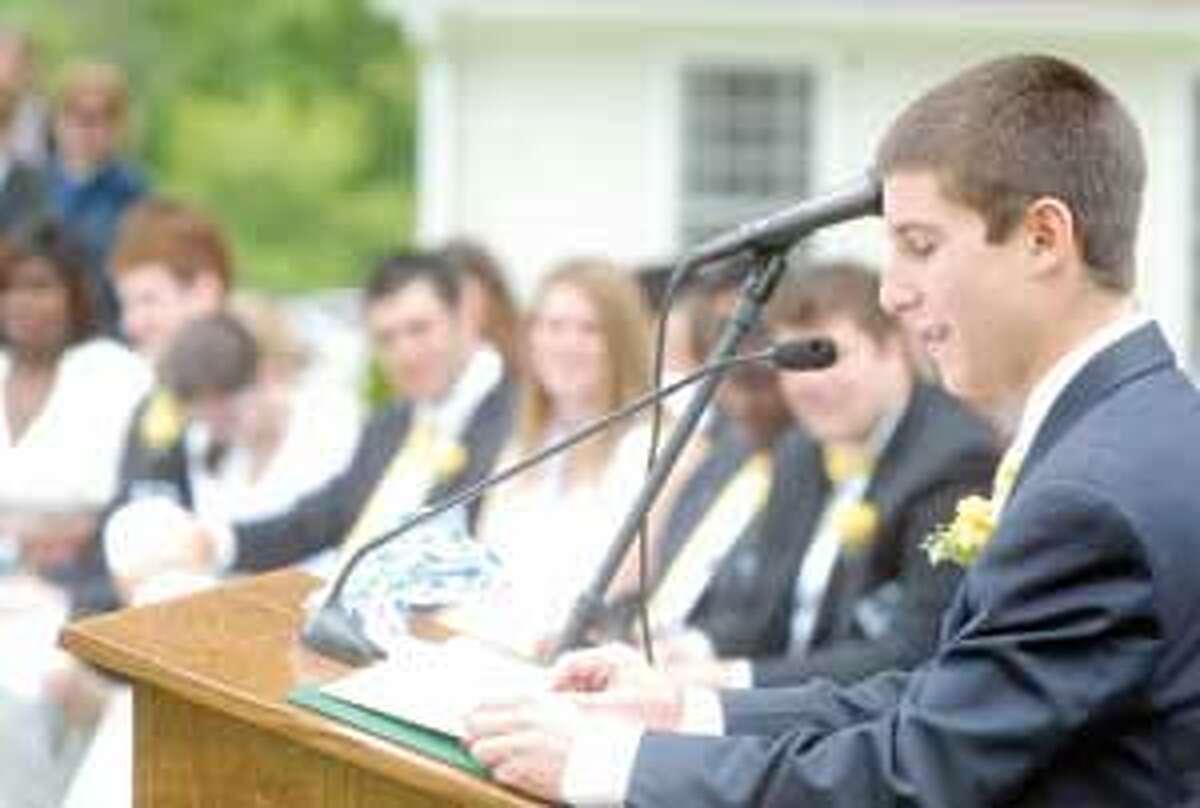 Gabriel Lee Krengel, senior class president at The Forman School, recalls learning experiences during his speech at Saturday's commencement exercises in Litchfield. Purchase a glossy print of this photo and more at www.registercitizen.com