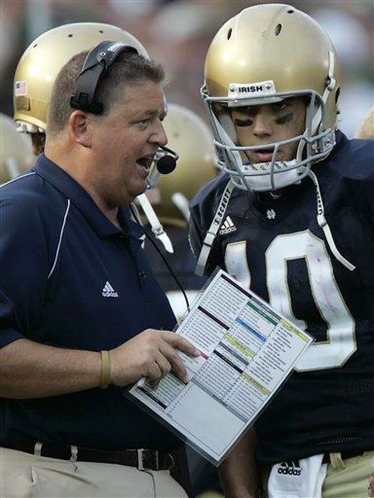 In this Sept. 9, 2009, file photo, Notre Dame quarterback Brady Quinn, right, and coach Charlie Weis talk on the sideline during an NCAA college football game against Penn State in South Bend, Ind. Quinn, now playing for the NFL's Cleveland Browns, says Notre Dame would be making a "horrible decision" if it fires coach Charlie Weis. Quinn played two seasons for Weis with the Fighting Irish and says there have been a "lot of circumstances" leading to Notre Dame's slide. (AP Photo/Michael Conroy, File)