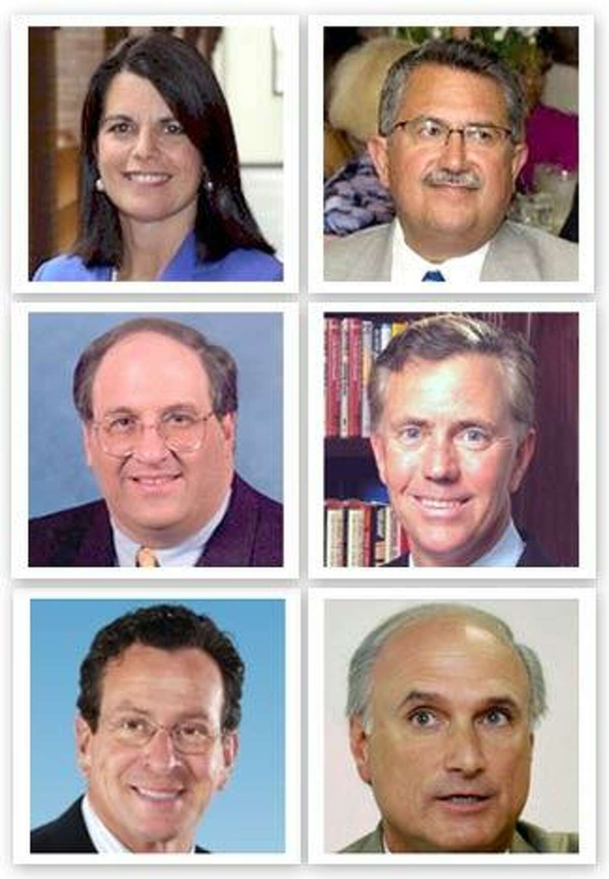 Clockwise, from top left, Mary Glassman, Juan Figueroa, Ned Lamont, Rudy Marconi, Dan Malloy and Michael Jarjura will participate in an online-only debate at 7 p.m. tonight that will be broadcast live right here on RegisterCitizen.Com.