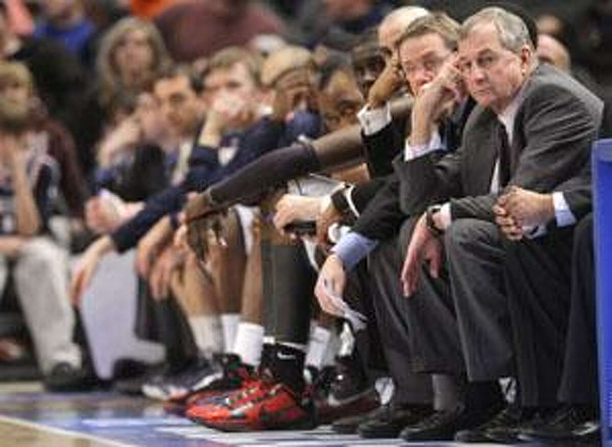 Connecticut head coach Jim Calhoun looks on during the second half of a game against St. John's in the first round NCAA college basketball game at the Big East Conference Championships Tuesday, March 9, 2010 in New York. Connecticut lost the game 73-51. (AP Photo/Frank Franklin II)