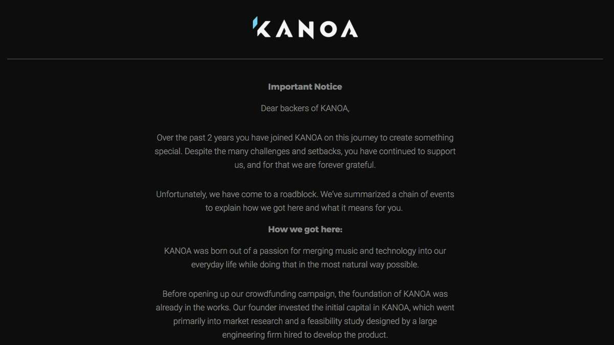 The message on San Francisco-based startup Kanoa's website stating the company had shuttered its operations.