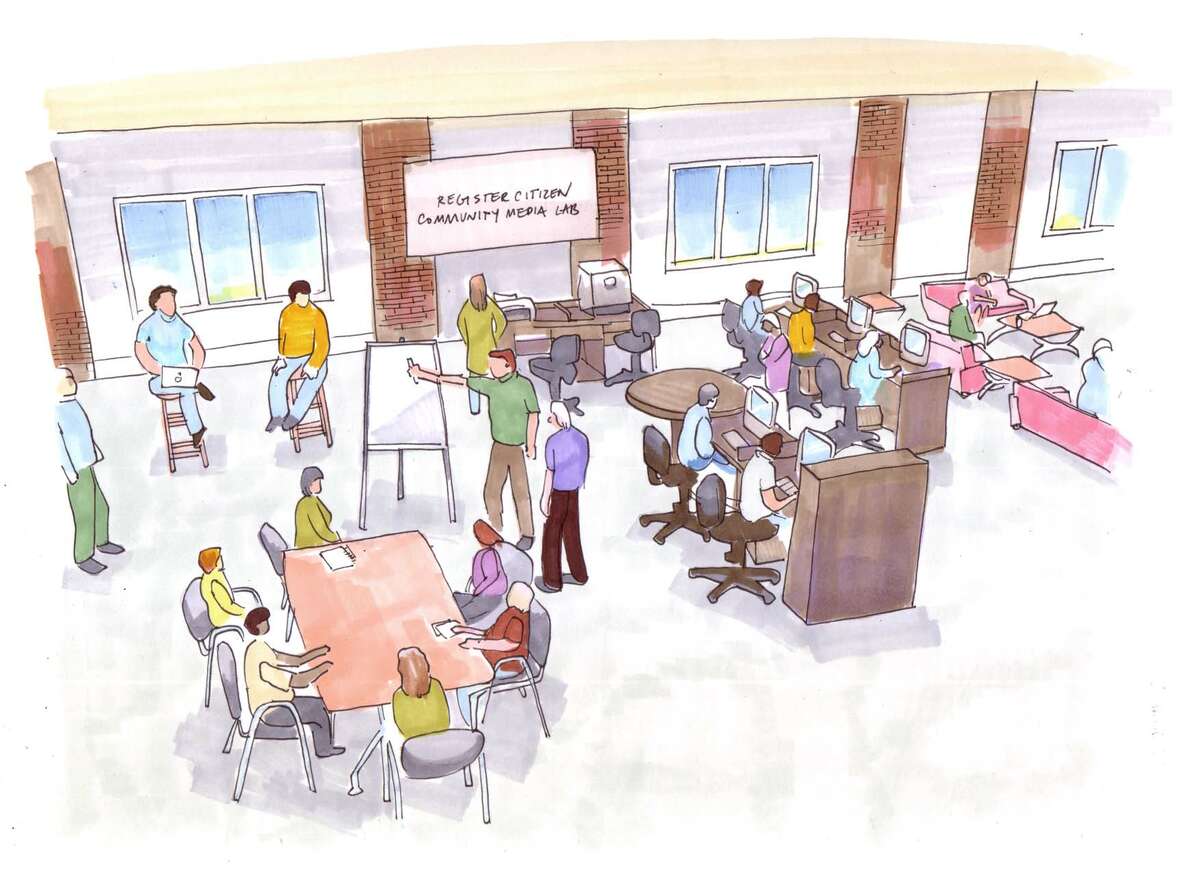 An artist's rendering shows The Register Citizen's new Newsroom Cafe, Community Media Lab, Local News Library and Community Journalism School at 59 Field Street. (Artist's rendering by Nikki Addeo, http://nikkiaddeo.com)