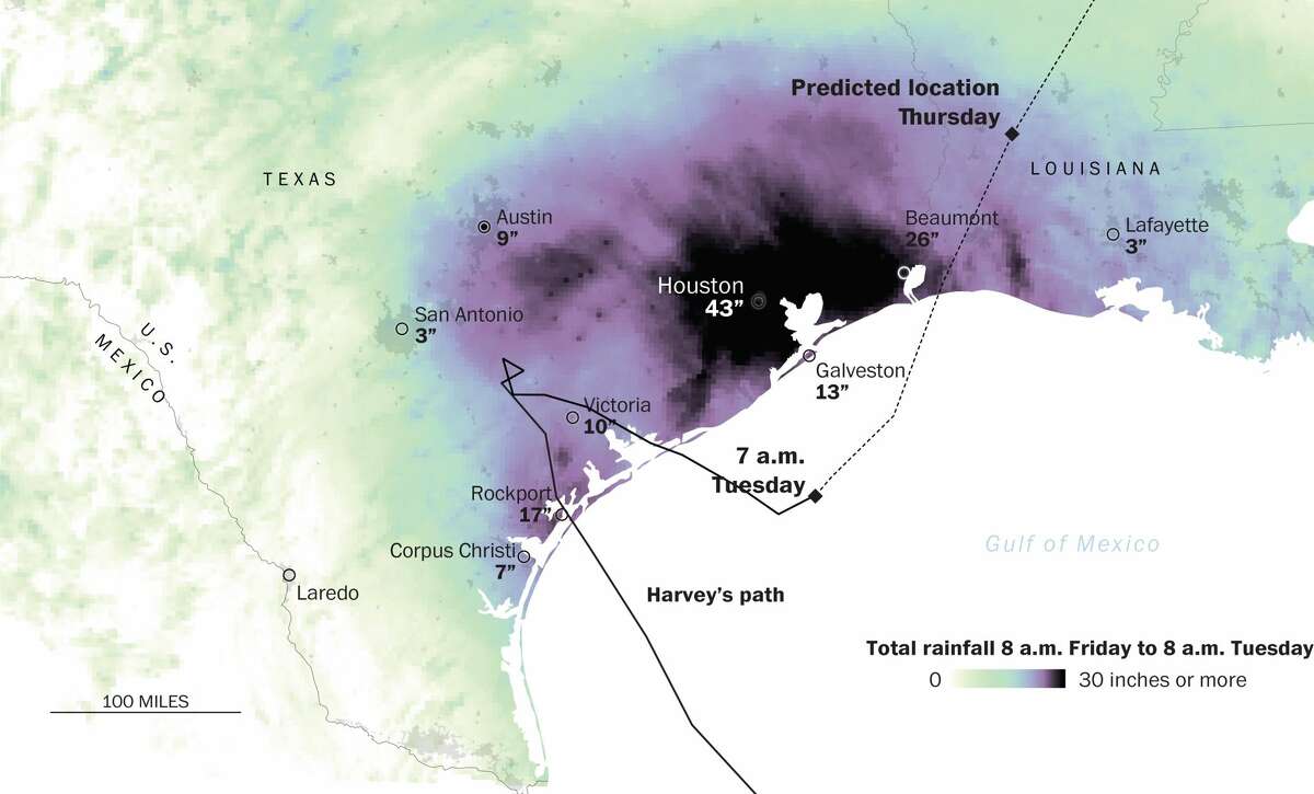 Three key elements combined to create a rain-laden storm like Harvey: the warm waters of the Gulf of Mexico, quick hurricane winds and a weak late-summer jetstream. The result is a slow-moving storm that has hardly budged since making landfall southwest of Houston, pummeling the city with rain from the strong bands on its right side.