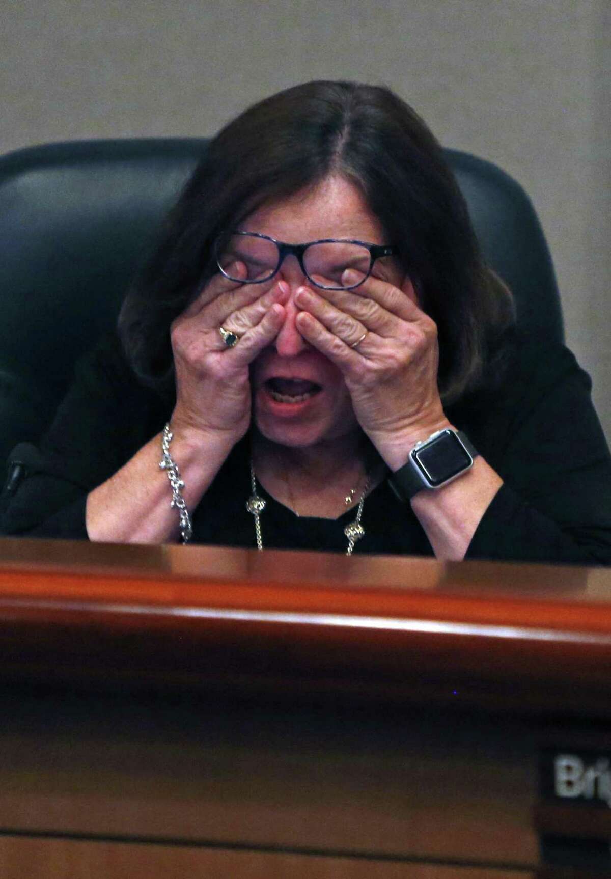 An emotional Sandy Hughey,L, after addressing the board on right is Brigitte Perkins. On Tuesday evening, the North East ISD board will vote on whether to change the name of Robert E. Lee High School in the wake of the events in Charlottesville and the national debate it started about Confederate monuments. at NEISD board room on Tuesday, August 29,2017