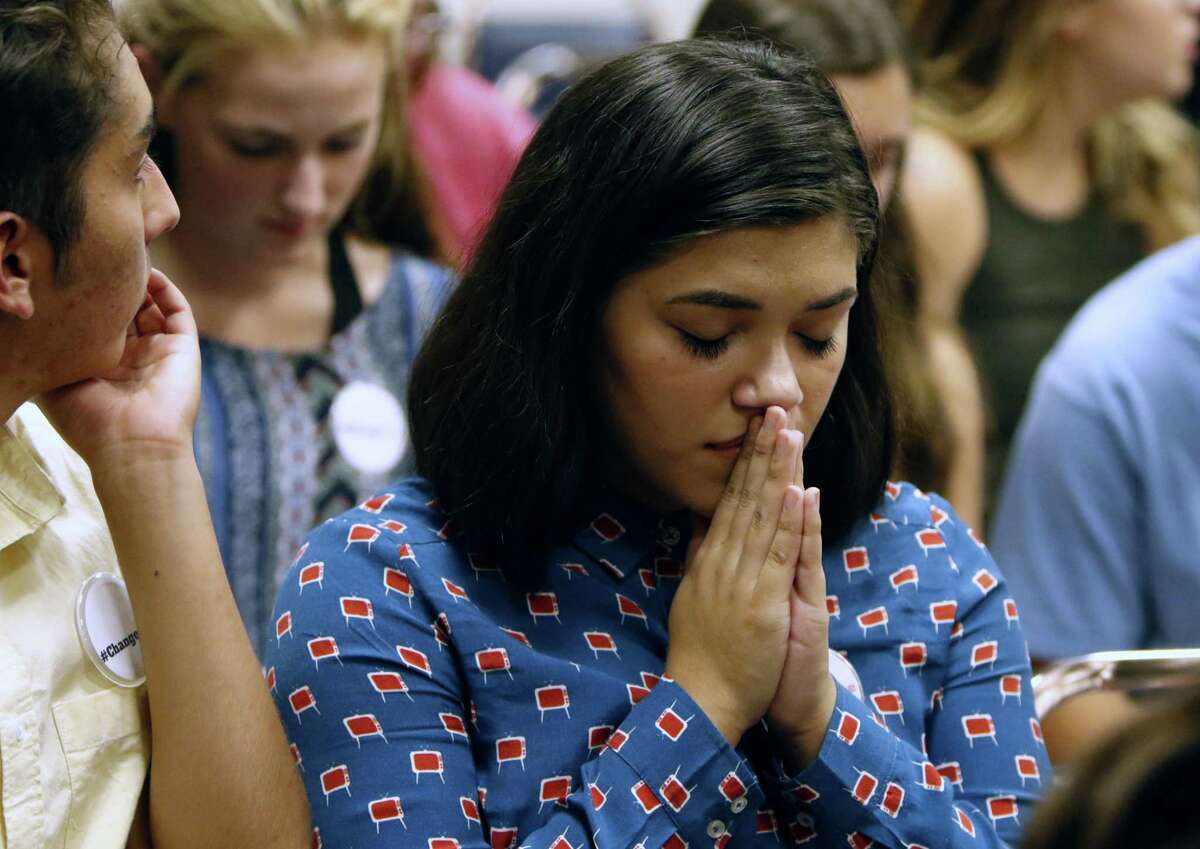 Erin Alvarez,17, a Lee student takes a moment before the board meets. On Tuesday evening, the North East ISD board will vote on whether to change the name of Robert E. Lee High School in the wake of the events in Charlottesville and the national debate it started about Confederate monuments. at NEISD board room on Tuesday, August 29,2017