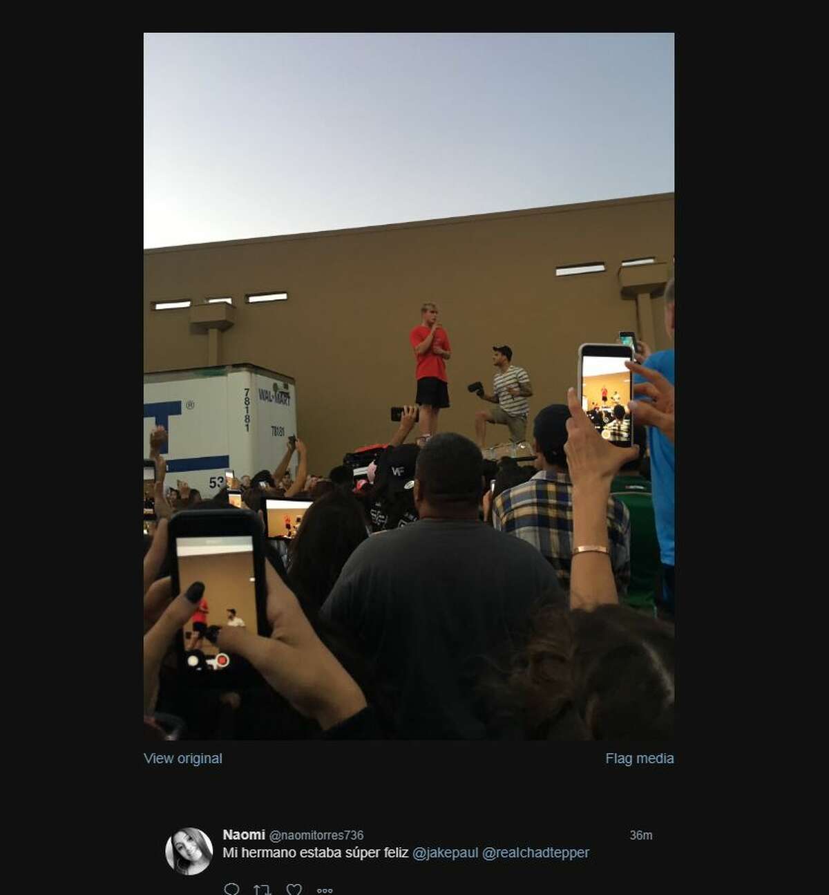 A crowd surrounded a San Antonio Walmart when Disney star Jake Paul met fans to gather supplies to help Hurricane Harvey victims in Houston.