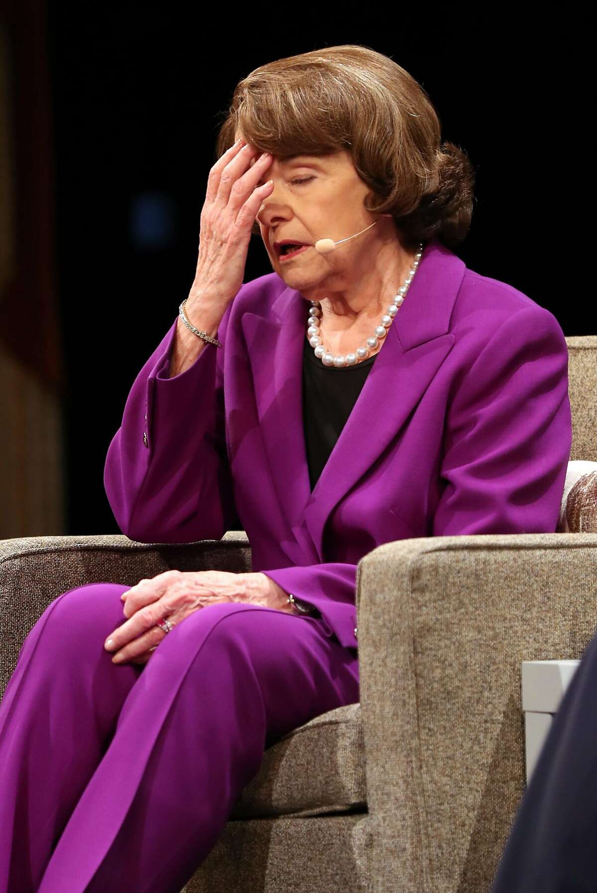 Sen. Dianne Feinstein reacts while talking about the Hurricane Harvey flooding in Houston during a conversation with Ellen Tauscher during The Commonwealth Club of California event at Herbst Theater in San Francisco, Calif. on Tuesday, August 29, 2017.