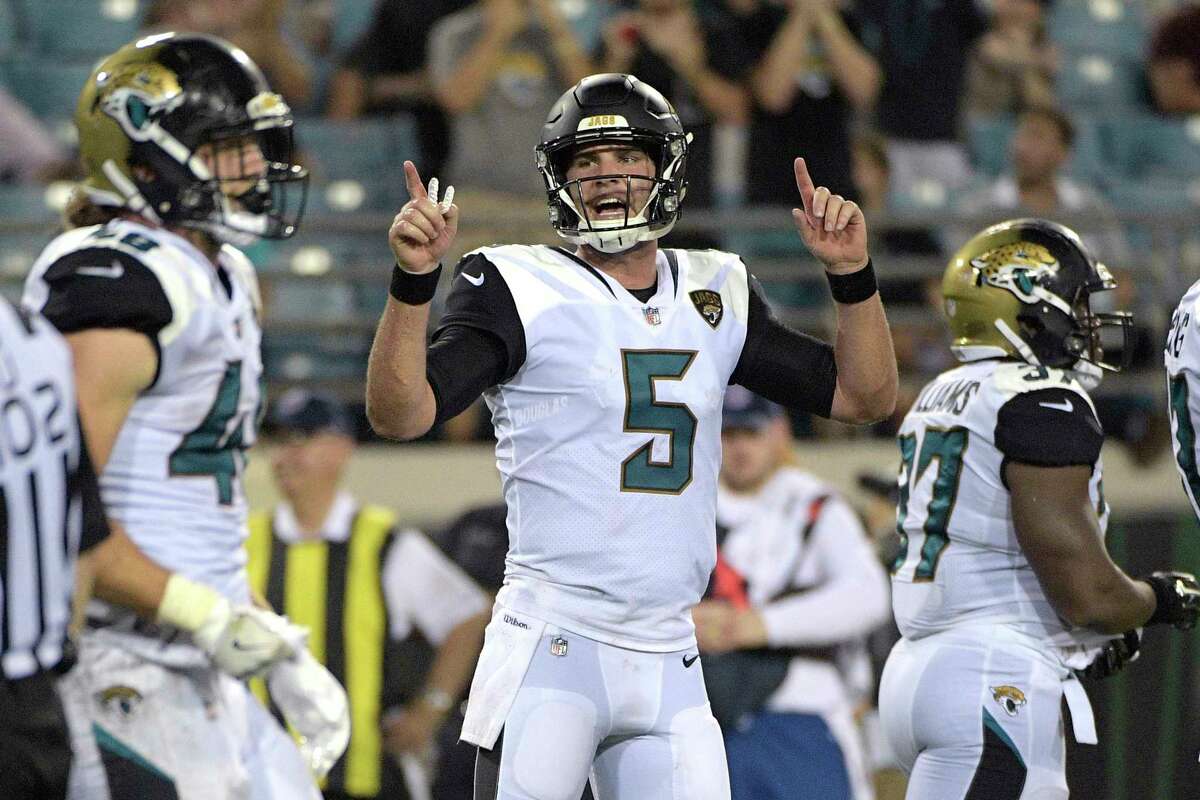 Jacksonville Jaguars quarterback Blake Bortles (5) calls out instructions behind the line of scrimmage during the second half of an NFL preseason football game against the Carolina Panthers, Thursday, Aug. 24, 2017, in Jacksonville, Fla. The Panthers won 24-23. (AP Photo/Phelan M. Ebenhack)
