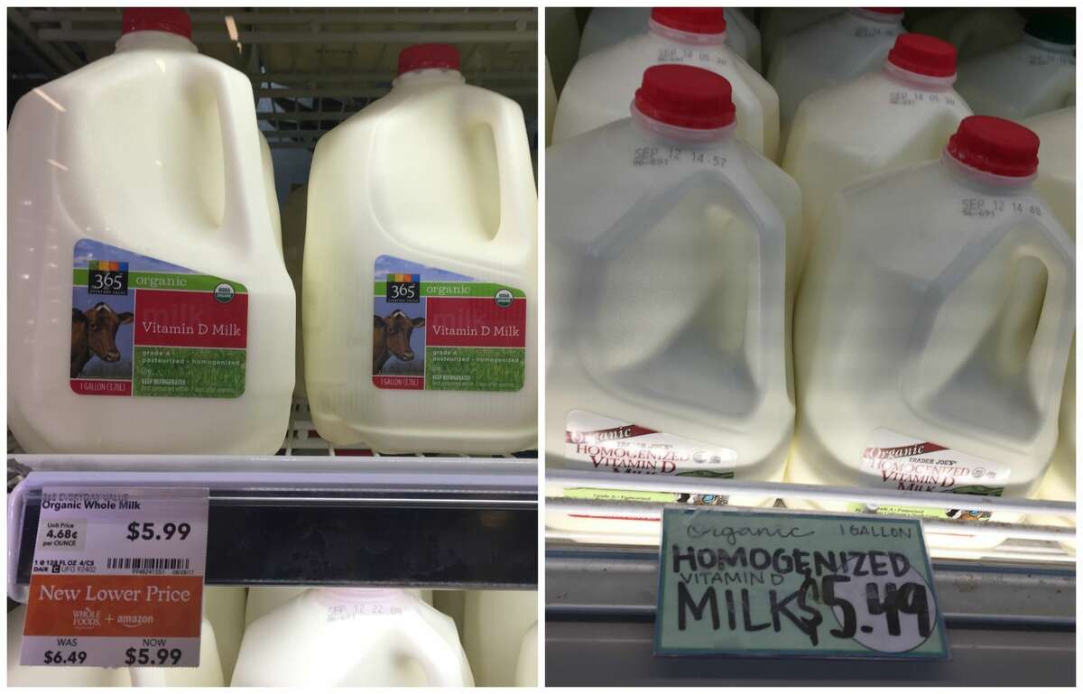 Gallon of organic milk Whole Foods: $5.99 Trader Joe's: $5.49 Whole Foods introduced lower prices on Aug. 28, 2017. SFGATE investigated how the grocery chain's prices now compare with those at Trader Joe's.