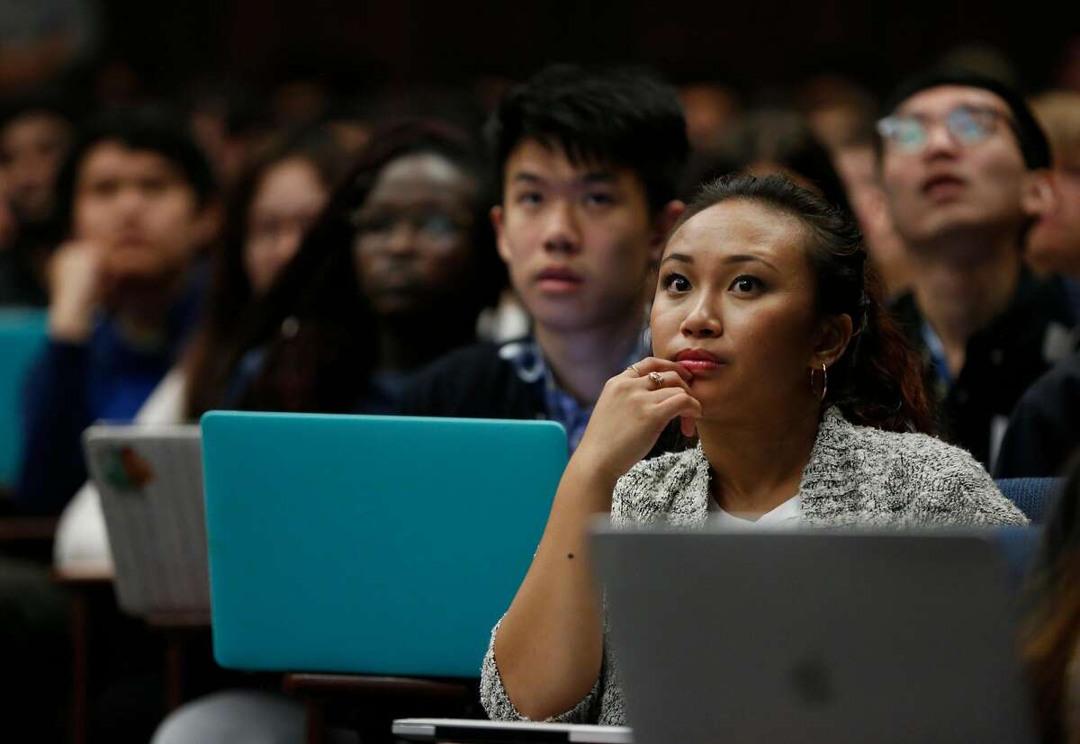 Junior Jonahluis Galvez, sociology major, listens to the introductory lecture during the first day of the Foundations of Data Science course at UC Berkeley campus August 23, 2017 in Berkeley, Calif.