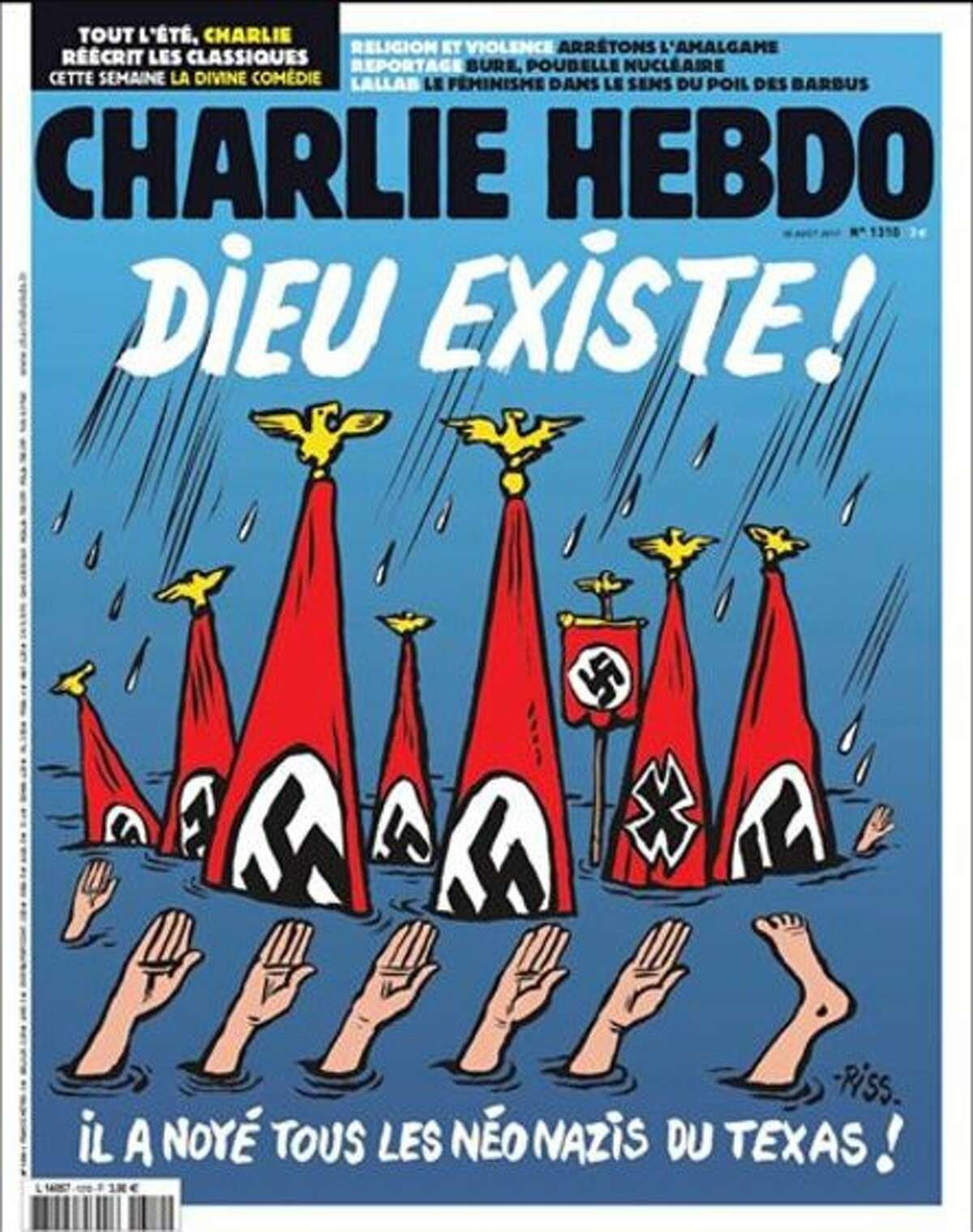 FILE- Thursday, satirical French magazine Charlie Hebdo drew strong condemnation for an illustrated cover that portrayed Hurricane Harvey victims in Texas as Nazis and racists. See how Twitter users reacted.