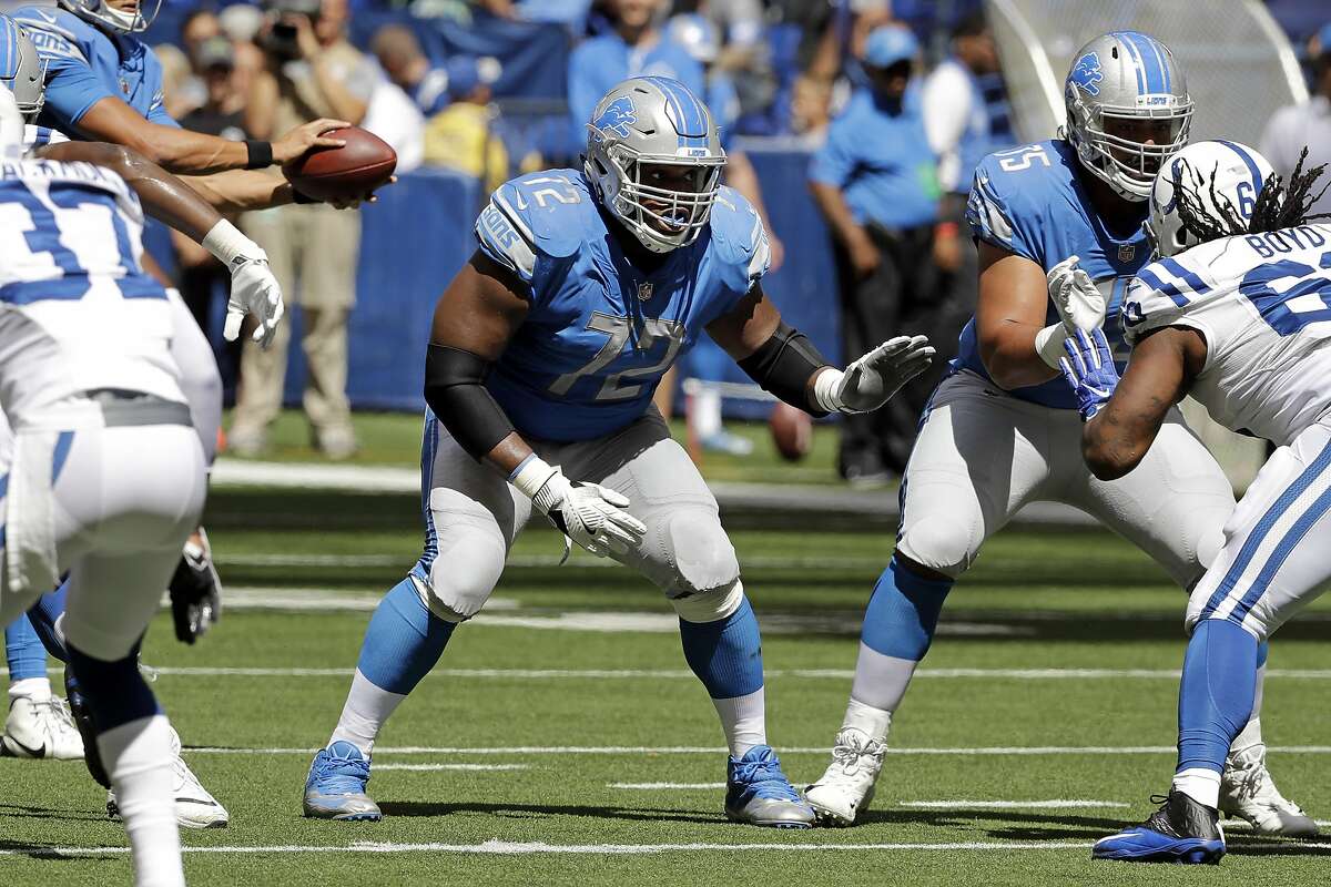 Detroit Lions offensive guard Laken Tomlinson (72) plays against the Indianapolis Colts during the second half of an NFL preseason football game Sunday, Aug. 13, 2017, in Indianapolis. (AP Photo/Darron Cummings)